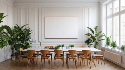 Fototapeta premium Modern Minimalist Dining Room with Large Empty Canvas and Lush Greenery