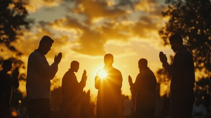 a group of worshippers holding hands in prayer, silhouetted, golden sunset