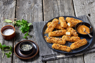 panko breaded tofu sticks with peanut butter sauce