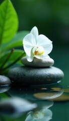 White orchid beside water, cool grey massage stones, beauty, elegant