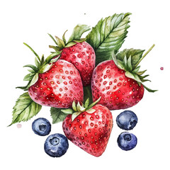 Fresh strawberries and blueberries with green leaves
