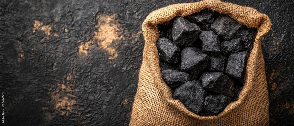 Poster rustic burlap sack overflowing with shiny black coal against a textured dark backdrop energy resourc