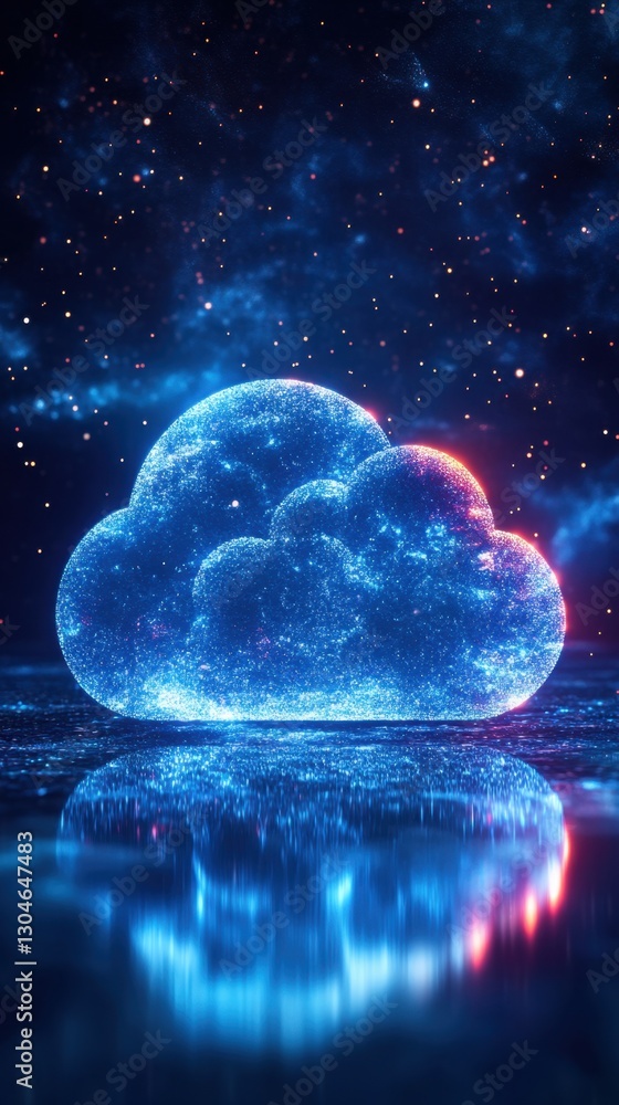 Poster ethereal cloud computing concept with glowing particles reflecting on a dark surface digital technol