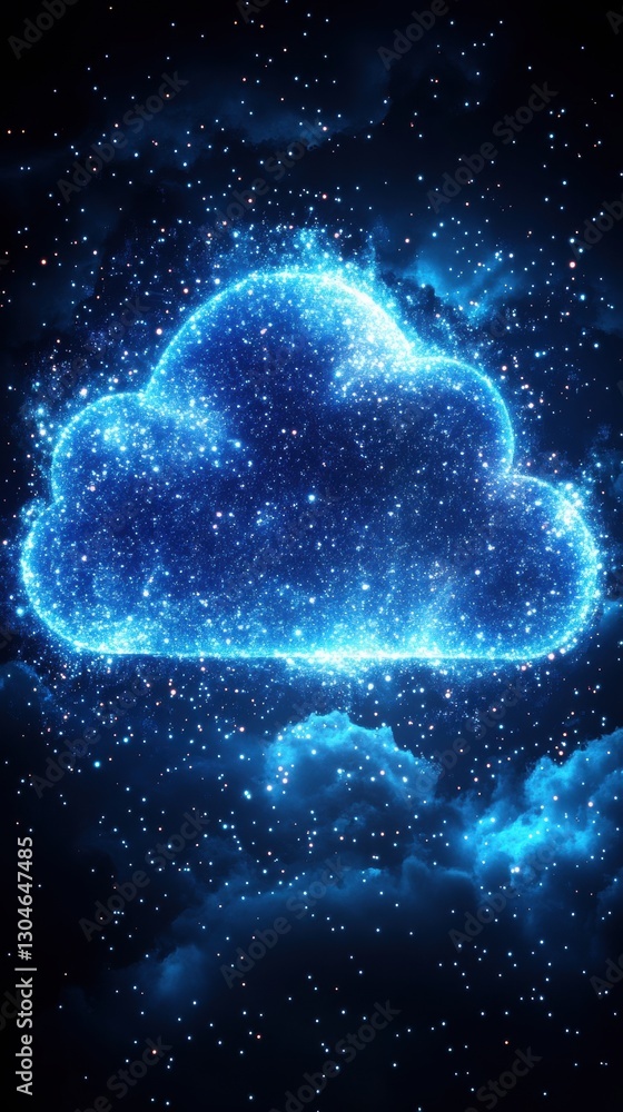 Poster luminous cloud computing concept against dark celestial background with sparkling stars and cosmic d