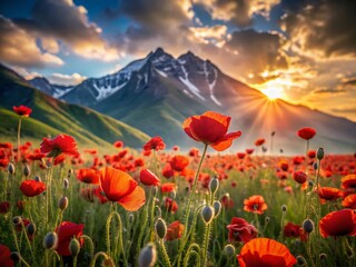 Majestic Mountain Poppy Field Long Exposure Photography