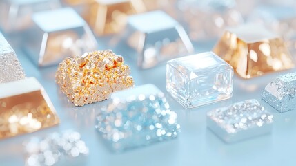 Refined Rare Earth Metals Showcase, Display of high-value materials including precious metals in their pure forms, emphasizing their unique textures and luster against a clean backdrop