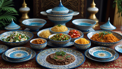 Elegant Middle Eastern Feast with Traditional Dishes in Ornate Blue and Gold Tableware
