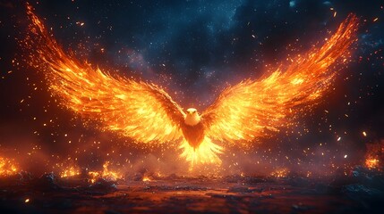 Glowing Fiery Phoenix Eagle Spreading Wings Across Dramatic Night Sky in Majestic Tribute to Freedom