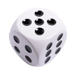 Isolated large white die or dice with black dots on transparent background, template of die or dice, gambling addiction or table game concept, PNG