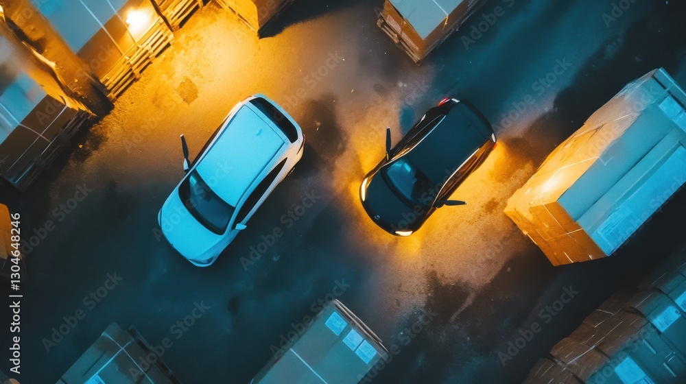 Poster aerial view of cars surrounded by cargo boxes in a warehouse environment with efficient drone scanni