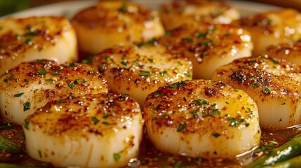 Gourmet seared scallops on plate with asparagus in background