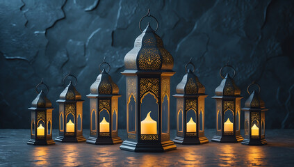 Elegant Ramadan Lanterns with Warm Candlelight on Dark Background, Islamic Festive Decor

