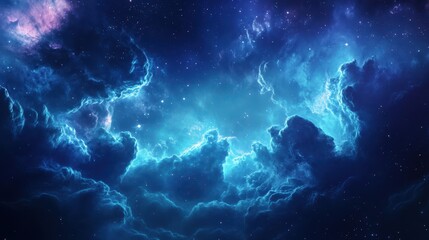 Fototapeta premium Celestial background with glowing nebula clouds and particles drifting through cosmic mist
