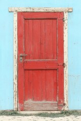 Vintage Red Wooden Door Against Light Blue Wall with Rustic Charm, Perfect for Home Decor, Architecture, or Artistic Projects