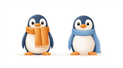Naklejka premium Two cute cartoon penguins wearing colorful scarves, one in orange and the other in blue, against a plain white background.