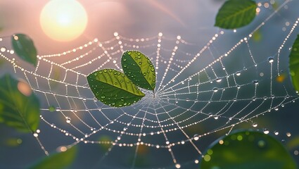 朝陽に輝く蜘蛛の糸と葉のシンフォニー