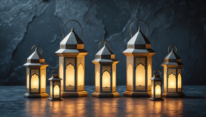 Elegant Ramadan Lanterns with Warm Candlelight on Dark Background, Islamic Festive Decor
