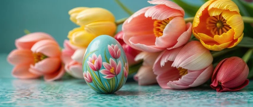 Still-life composition of a detailed Easter egg painted with pink tulips and yellow daffodils, nestled among fresh spring tulips in shades of red, orange, and white-edged petals, evoking a joyful East
