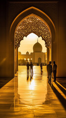Silhouettes of people praying in a grand mosque at sunset, beautiful golden hues
