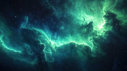 Obraz premium Abstract space backdrop with glowing green auroras and deep space gas clouds