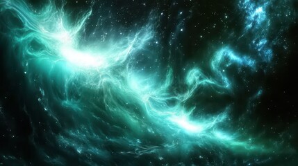 Obraz premium Surreal space wallpaper with plasma currents and glowing cyan emerald hues in the void