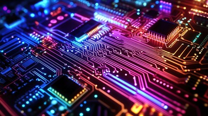 Obraz premium Close-up of vibrant, illuminated circuit board.