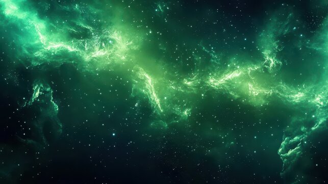 Interstellar backdrop with glowing green mist and cosmic debris in ultra-HD
