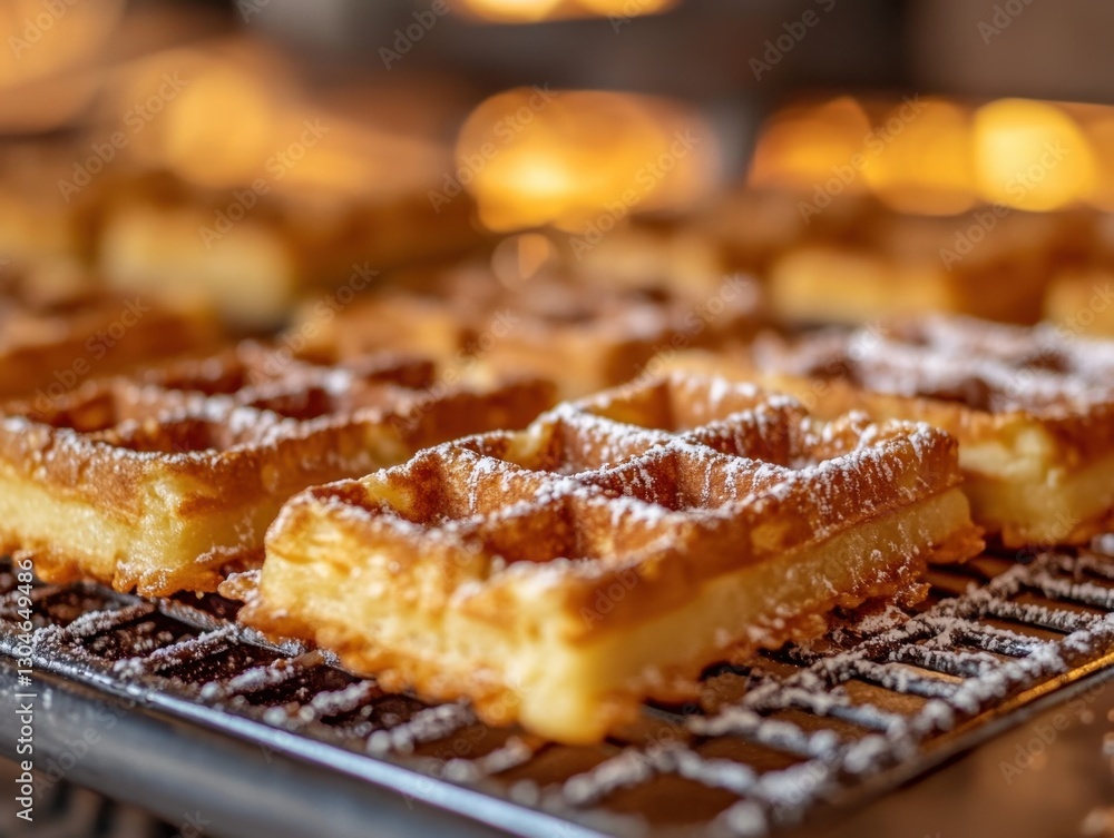 Poster golden waffles dusted with powdered sugar on a wire rack creating a warm and inviting breakfast scen