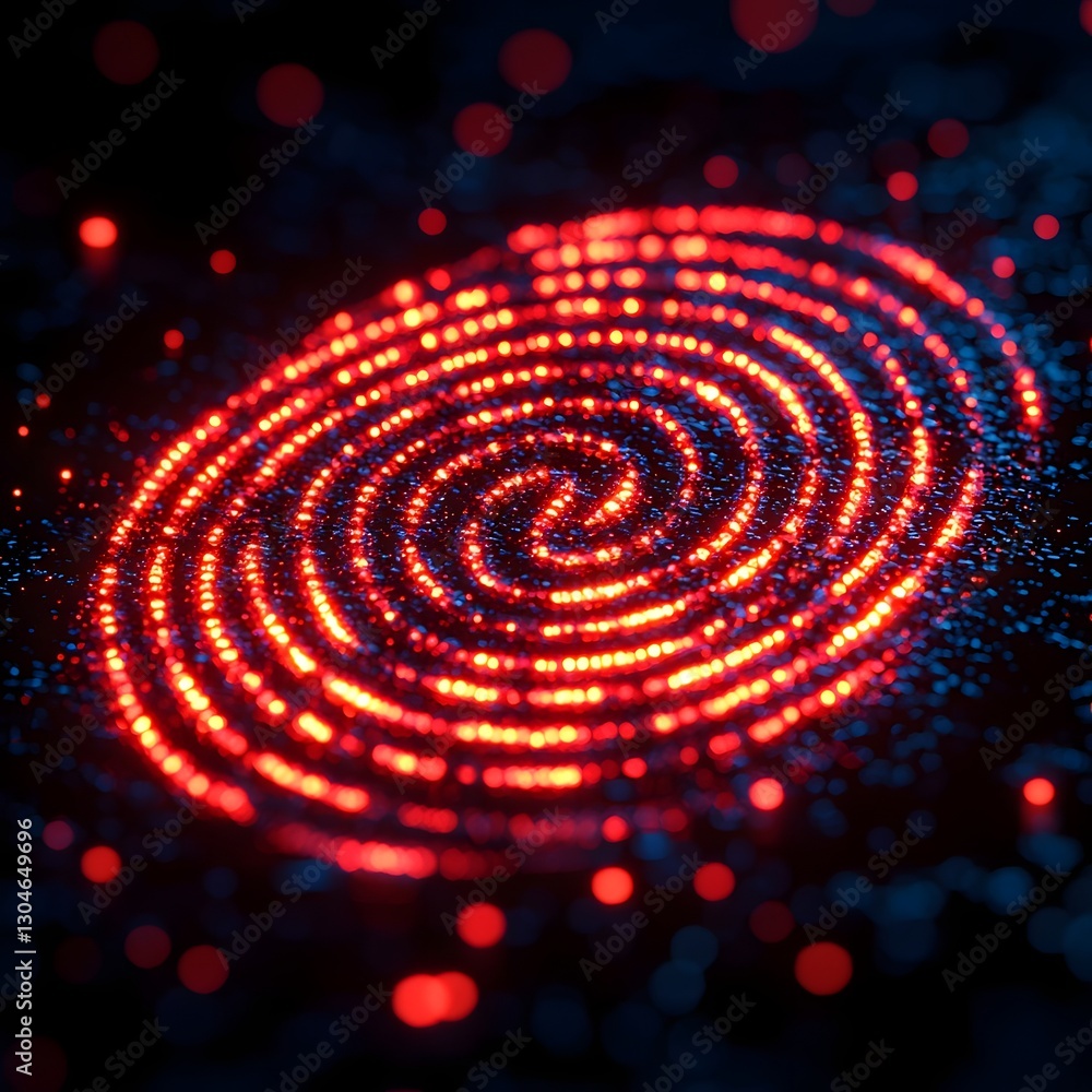Poster minimalist glowing fingerprint scan with red alert symbols signifying security breach in abstract st