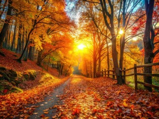Fototapeta premium Golden hour illuminates vibrant autumn foliage, a rustic path winds through serene woods, crisp air and magical forest colors.
