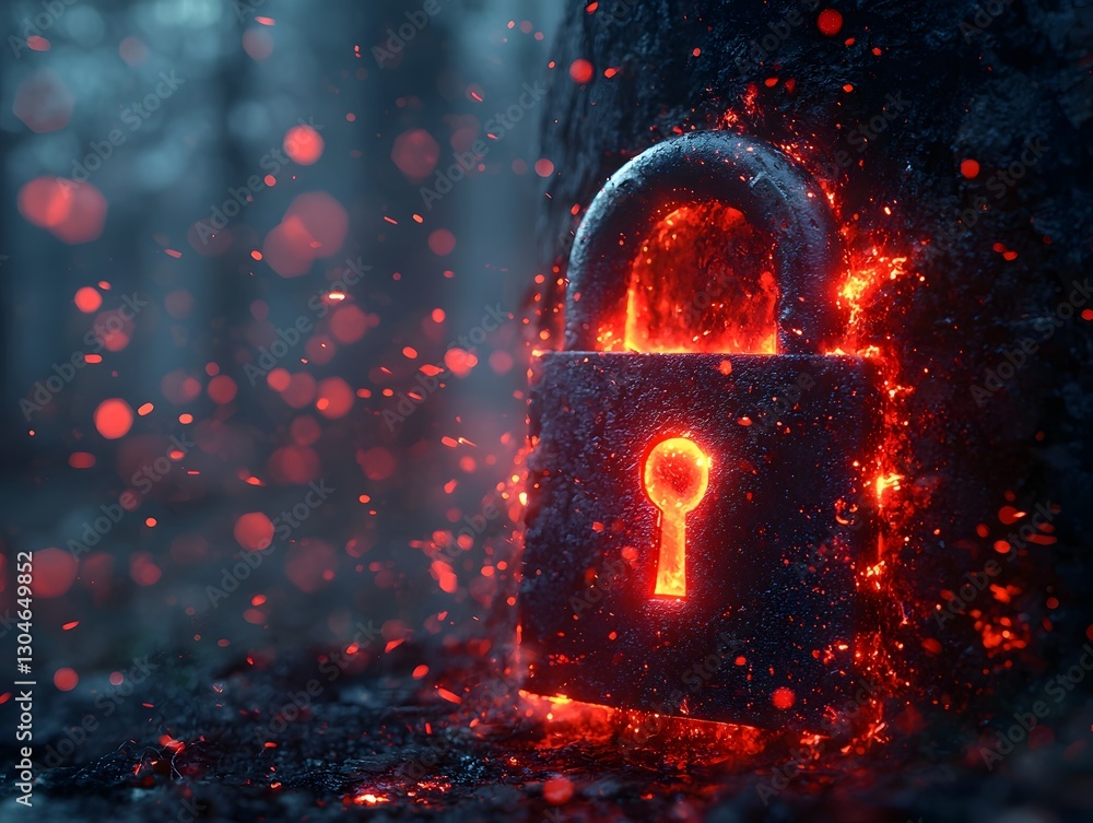 Poster glowing lock being broken with red sparks representing fraud intrusion in high tech system