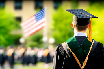 Male graduate in graduation cap and gown at outdoor ceremony with american flag background