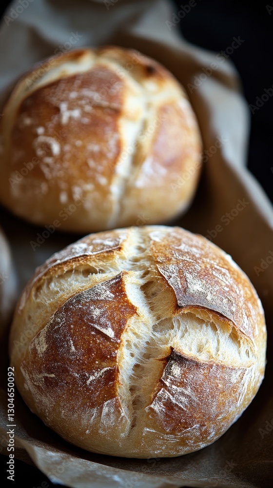 Poster rustic sourdough bread rolls on parchment paper with golden crust and flour dusting in warm light an