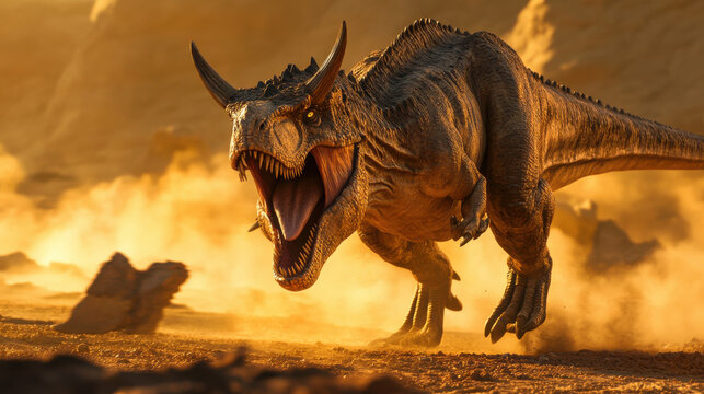 A fierce ceratosaurus roaring, its sharp horns and scaly texture catching the soft rim light, detailed reptilian features