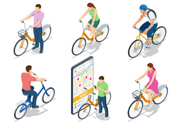 An isometric vector scene showing multiple people with bicycles and a large smartphone map, illustrating bike rental and sharing in a modern 3D style.