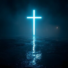 Naklejka premium Glowing Silver Minimalist Cross Reflected on Jet Black Surface Futuristic Spiritual Concept