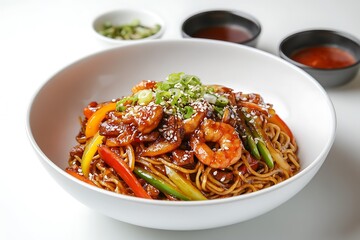 A bowl of stir-fried noodles with shrimp is presented on a white surface