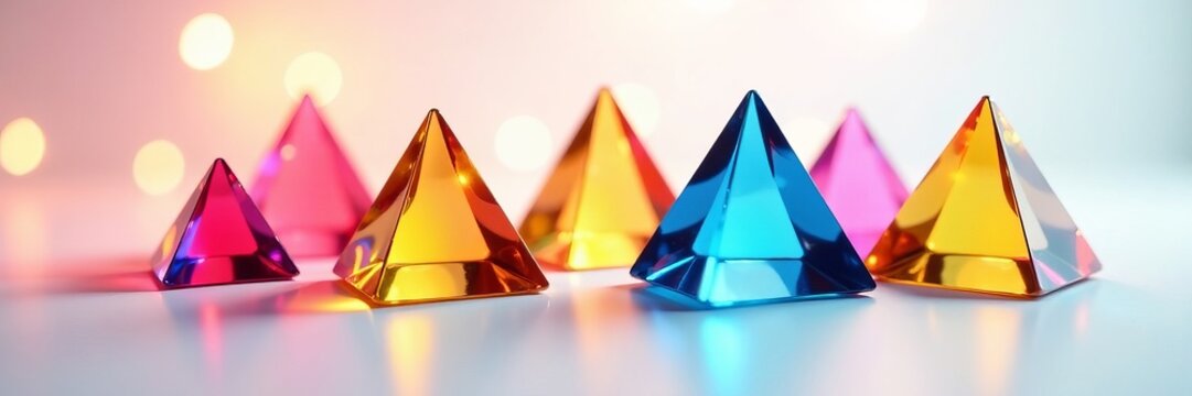 Colorful triangular prisms in rainbow spectrum on white background, spectrum, vibrant