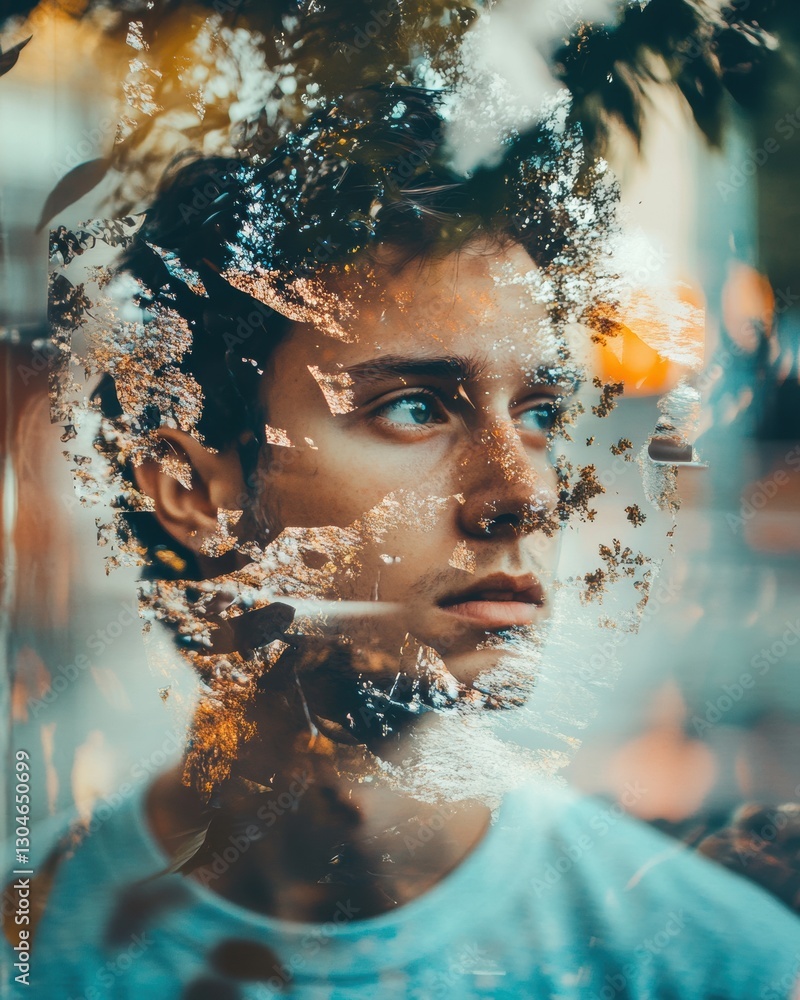 Poster man gazes thoughtfully as reflections of nature blend with his face on a soft, blurred background. g