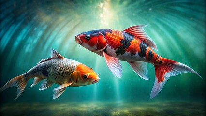 Naklejka premium Majestic Red and Black Koi Fish in Pond - Rule of Thirds Composition