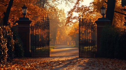 open ornate iron gate welcoming you to a sun kissed autumn path surrounded by colorful foliage and warm sunlight creating a peaceful atmosphere