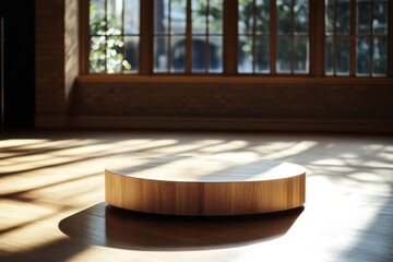 Minimalist Wooden Podium Platform in Natural Light Room with Window, Interior Display Space