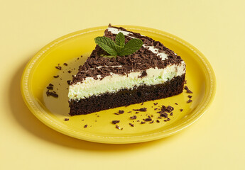 Rich Chocolate Mint Cake Slice on a Yellow Plate &ndash; Studio Shot