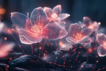 Ethereal Glowing Flowers with Delicate Filament Petals and Red Light Sparkles on a Dark Background