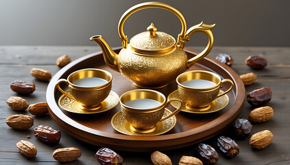Elegant Golden Arabic Tea Set with Milk and Dates, Traditional Middle Eastern Hospitality
