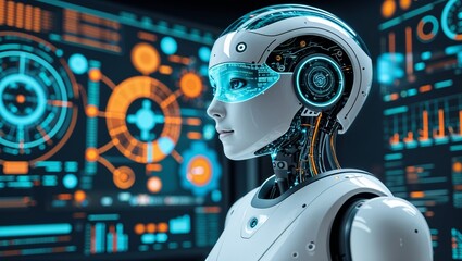 Advanced AI Robot Analyzing Data on Digital Screens
