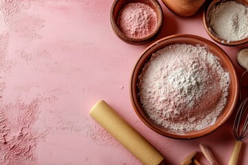 Baking utensils such as a whisk, rolling pin, and spatula are arranged on a pink background to convey a culinary concept