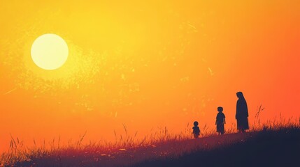 Fototapeta premium Silhouetted figures of a family walk towards the bright sun