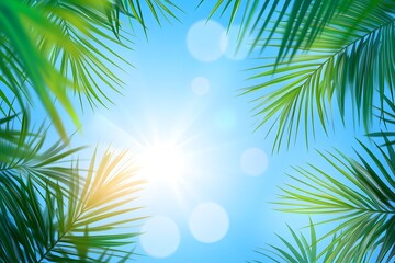 sunlight shines through tropical palm leaves, a vibrant background for summer, and vacations