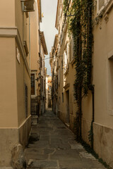 Small winding alleys in picturesque village Piran at Istrian peninsula along the Adriatic sea in Slovenia